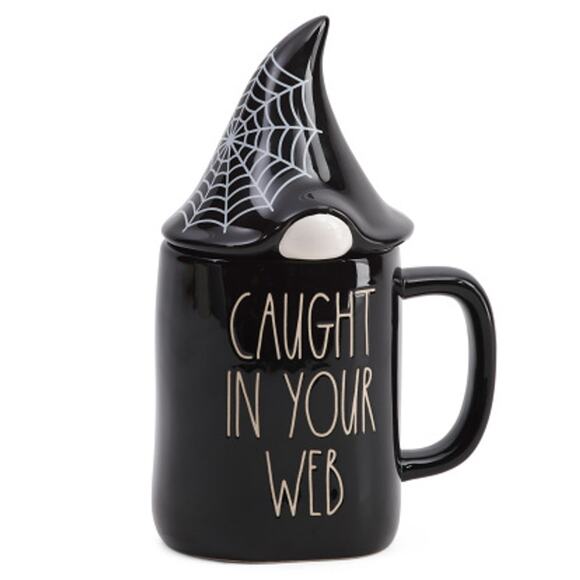 Rae Dunn CAUGHT IN YOUR WEB Figural Mug with Gnome Topper Black Halloween Fall - Picture 1 of 1